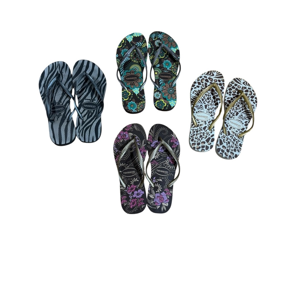 Four pairs of Havaianas Women's Sandals - Black, Blue, Green, Purple, Gold